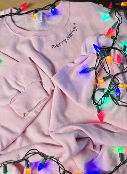 Embroidered Merry & Bright Curved Neck Line Crewneck