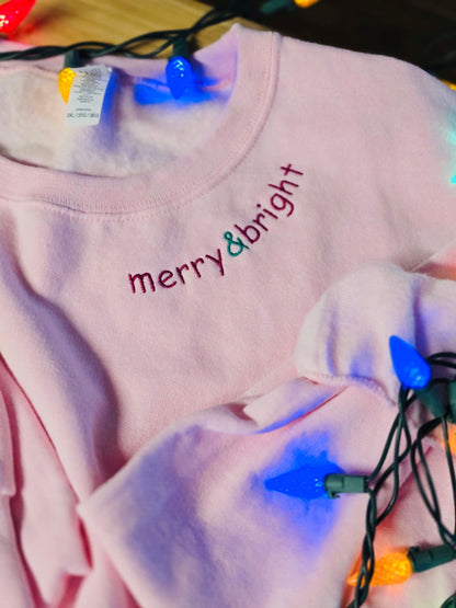 Embroidered Merry & Bright Curved Neck Line Crewneck